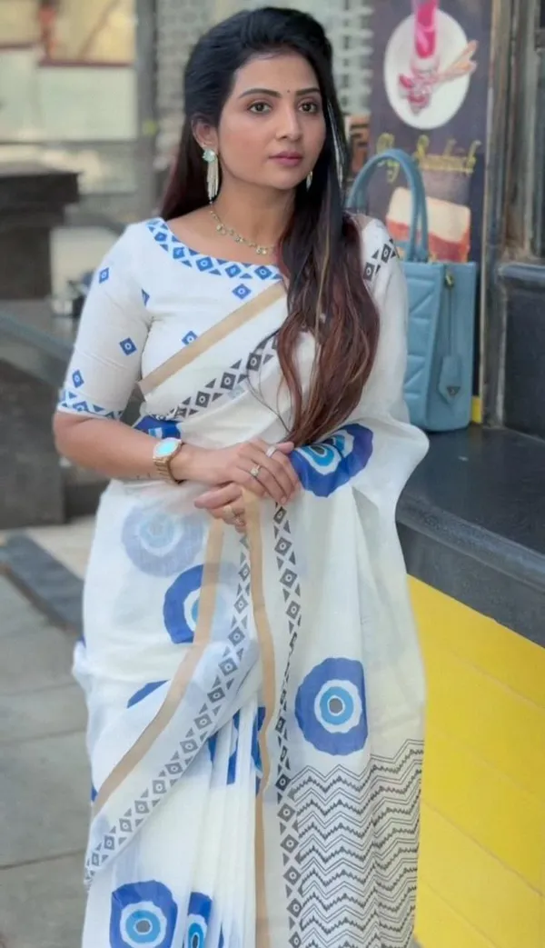 White_And_Blue_Evil_Eye_Print_Chanderi_Cotton_Saree_|_With_Blouse_Piece