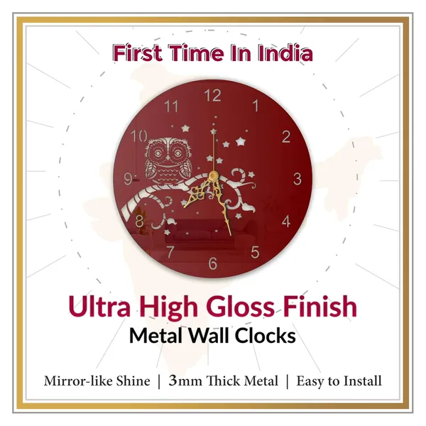 Wine_Red_Night_Owl_Wall_Clock_Metal_Built_Ultra_High_Gloss_Silent_Non_Ticking_Movement_Modern_Wall_Decor_Living_Room_Bedroom_Kids_Room
