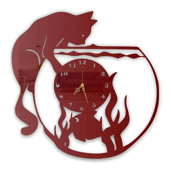 Wine_Red_Cat_Fish_Bowl_Wall_Clock_Metal_Built_Ultra_High_Gloss_Silent_Non_Ticking_Movement_Cute_Wall_Decor_Living_Room_Bedroom_Kids_Room
