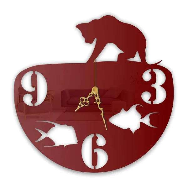 Wine_Red_Cat_Fish_Bowl_Wall_Clock_Metal_Built_Ultra_High_Gloss_Silent_Non_Ticking_Movement_Unique_Pet_Theme_Wall_Decor_For_Living_Room