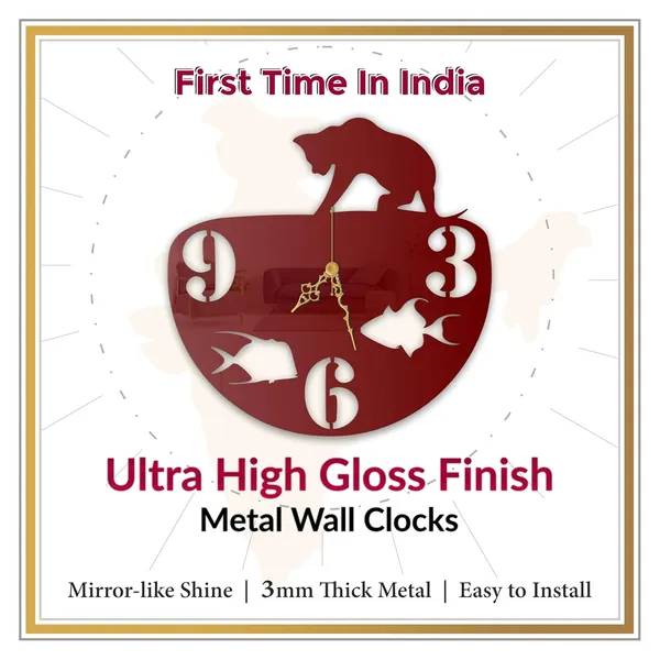 Wine_Red_Cat_Fish_Bowl_Wall_Clock_Metal_Built_Ultra_High_Gloss_Silent_Non_Ticking_Movement_Unique_Pet_Theme_Wall_Decor_For_Living_Room
