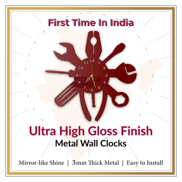 Wine_Red_Tool_Master_Wall_Clock_Metal_Built_Ultra_High_Gloss_Silent_Non_Ticking_Movement_Metal_Wall_Clock_Garage_Decor_Workshop_Mechanic_Room