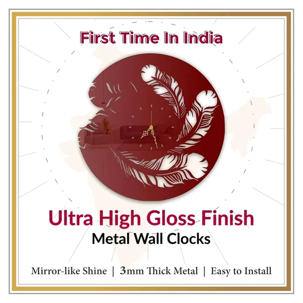 Wine_Red_Floating_Feathers_Wall_Clock_Ultra_High_Gloss_Metal_Built_Silent_Non_Ticking_Metal_Wall_Clock_Elegant_Decor_Living_Room_Bedroom_Hallway