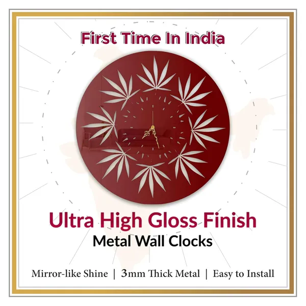 Wine_Red_Leaf_Mandala_Pattern_Wall_Clock_Ultra_High_Gloss_Metal_Built_Silent_Non_Ticking_Modern_Wall_Decor_Living_Room_Bedroom_Studio