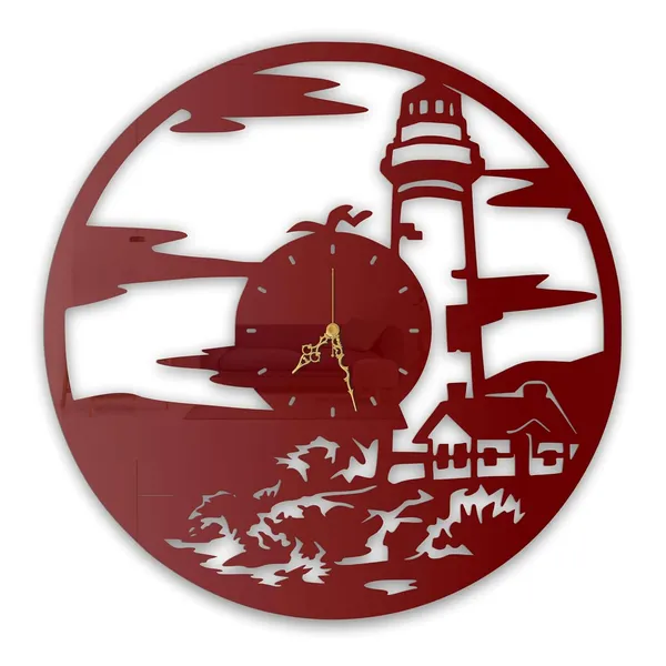 Wine_Red_Lighthouse_Coastal_Wall_Clock_Ultra_High_Gloss_Metal_Built_Silent_Non_Ticking_Metal_Wall_Clock_Nautical_Decor_Living_Room_Beach_Home