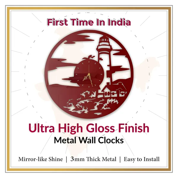 Wine_Red_Lighthouse_Coastal_Wall_Clock_Ultra_High_Gloss_Metal_Built_Silent_Non_Ticking_Metal_Wall_Clock_Nautical_Decor_Living_Room_Beach_Home