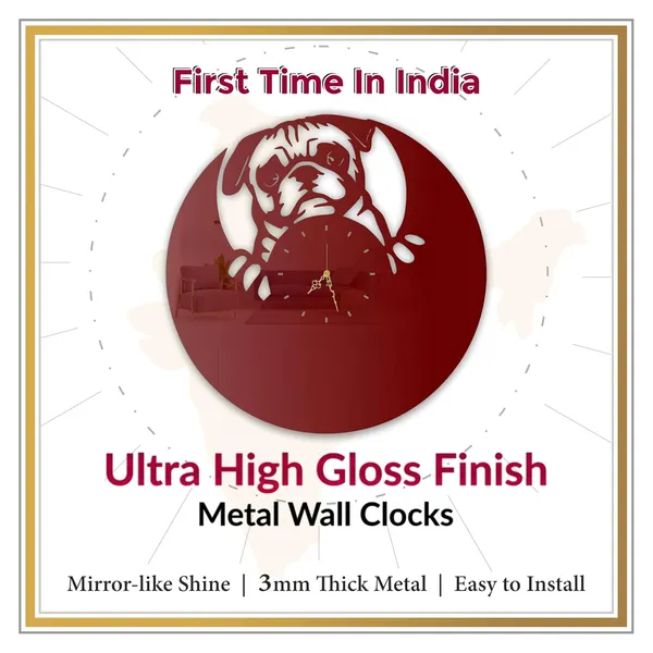 Wine_Red_Puppy_Peek_Wall_Clock_Ultra_High_Gloss_Metal_Built_Silent_Non_Ticking_Metal_Wall_Clock_Cute_Pet_Decor_Living_Room_Bedroom_Kids_Room