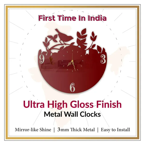 Wine_Red_Bird_Branch_Wall_Clock_Ultra_High_Gloss_Metal_Built_Silent_Non_Ticking_Metal_Wall_Clock_Nature_Decor_Living_Room_Bedroom_Hallway