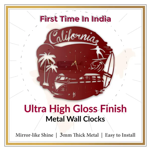 Wine_Red_California_Surf_Wall_Clock_Ultra_High_Gloss_Metal_Built_Silent_Non_Ticking_Retro_Beach_Wall_Decor_Living_Room_Bedroom_Cafe_Office