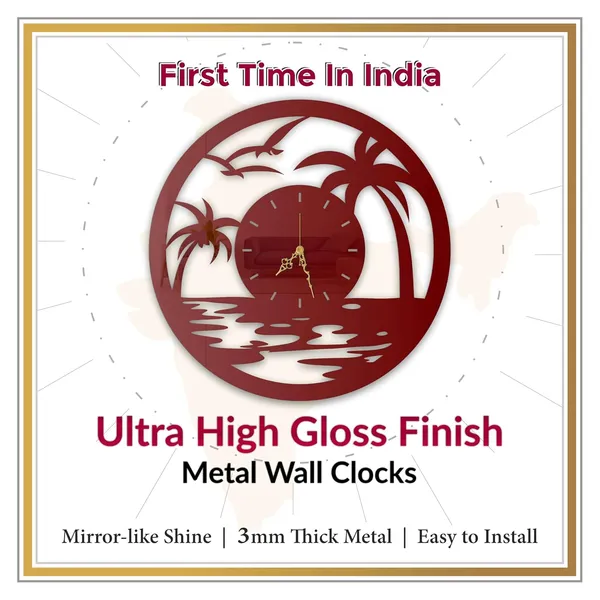 Wine_Red_Tropical_Sunset_Wall_Clock_Metal_Built_Ultra_High_Gloss_Silent_Non_Ticking_Movement_Beach_Wall_Decor_Living_Room_Bedroom_Office