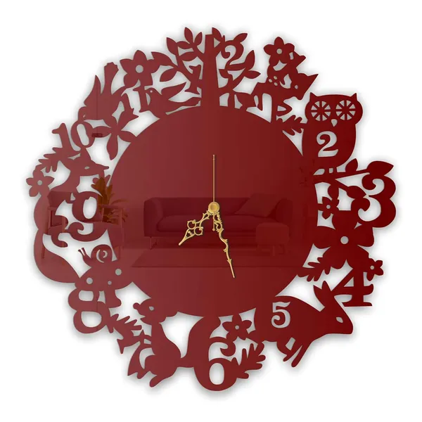 Wine_Red_Forest_Animals_Wall_Clock_Metal_Built_Ultra_High_Gloss_Silent_Non_Ticking_Movement_Nature_Wall_Decor_Living_Room_Bedroom_Kids_Room