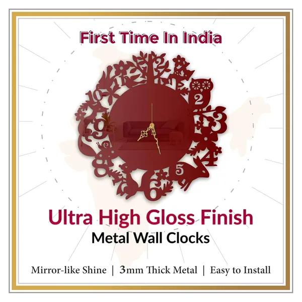 Wine_Red_Forest_Animals_Wall_Clock_Metal_Built_Ultra_High_Gloss_Silent_Non_Ticking_Movement_Nature_Wall_Decor_Living_Room_Bedroom_Kids_Room