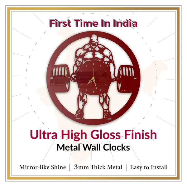 Wine_Red_Iron_Lifter_Wall_Clock_Metal_Built_Ultra_High_Gloss_Silent_Non_Ticking_Movement_Fitness_Wall_Decor_Gym_Room_Living_Room_Bedroom