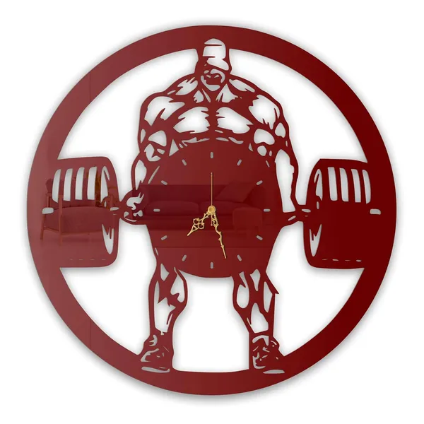 Wine_Red_Iron_Lifter_Wall_Clock_Metal_Built_Ultra_High_Gloss_Silent_Non_Ticking_Movement_Fitness_Wall_Decor_Gym_Room_Living_Room_Bedroom