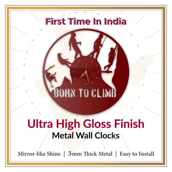 Wine_Red_Born_To_Climb_Wall_Clock_Metal_Built_Ultra_High_Gloss_Silent_Non_Ticking_Movement_Adventure_Wall_Decor_Living_Room_Bedroom_Office