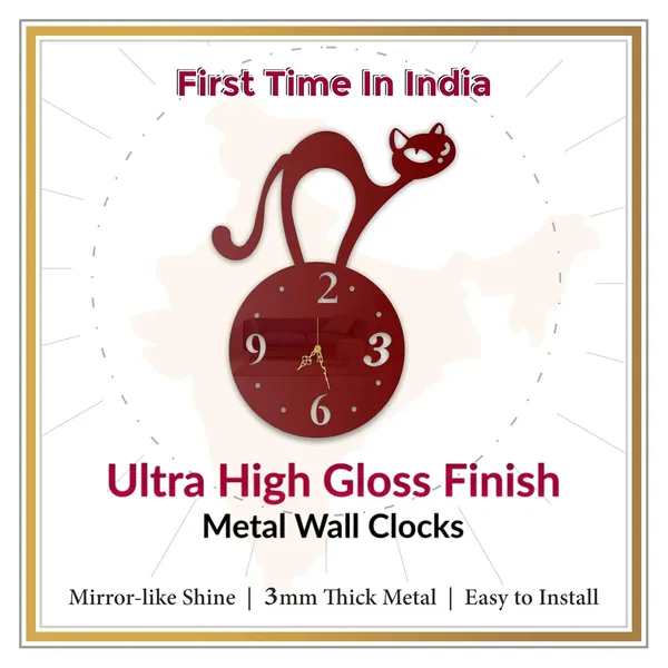 Wine_Red_Playful_Cat_Wall_Clock_Metal_Built_Ultra_High_Gloss_Silent_Non_Ticking_Modern_Animal_Wall_Decor_Living_Room_Bedroom_Kids_Room