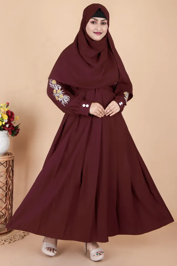 Maroon_Embroidered_Plating_Abaya_Full_Set_With_Dupatta_Nosepiece_And_Belt_Free_For_Women
