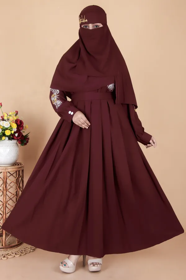 Maroon_Embroidered_Plating_Abaya_Full_Set_With_Dupatta_Nosepiece_And_Belt_Free_For_Women