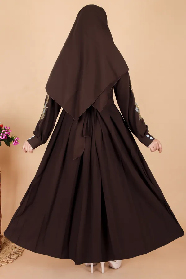 Brown_Embroidered_Plating_Abaya_Full_Set_With_Dupatta_Nosepiece_And_Belt_Free_For_Women