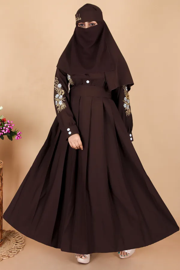 Brown_Embroidered_Plating_Abaya_Full_Set_With_Dupatta_Nosepiece_And_Belt_Free_For_Women