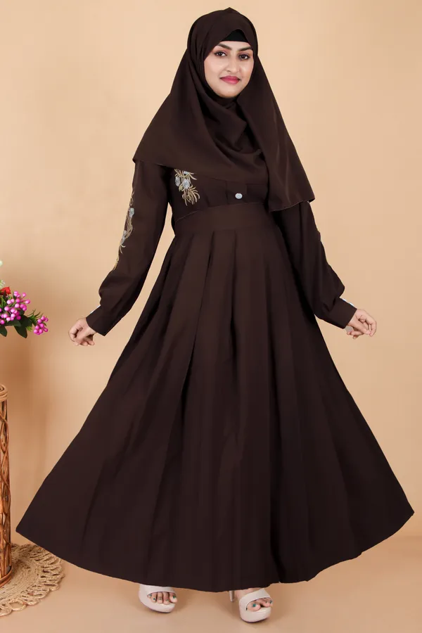Brown_Embroidered_Plating_Abaya_Full_Set_With_Dupatta_Nosepiece_And_Belt_Free_For_Women