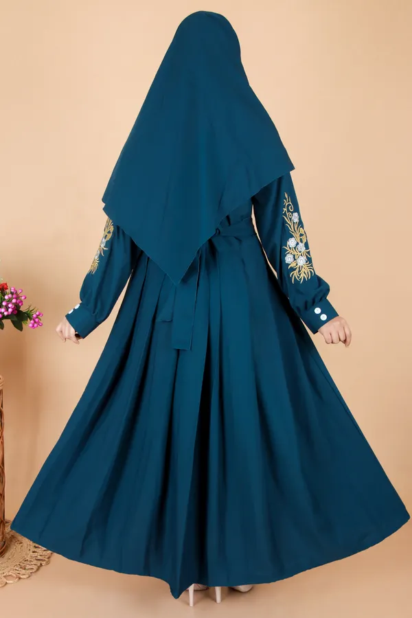 Teal_Morpeach_Embroidered_Plating_Abaya_Full_Set_With_Dupatta_Nosepiece_And_Belt_Free_For_Women