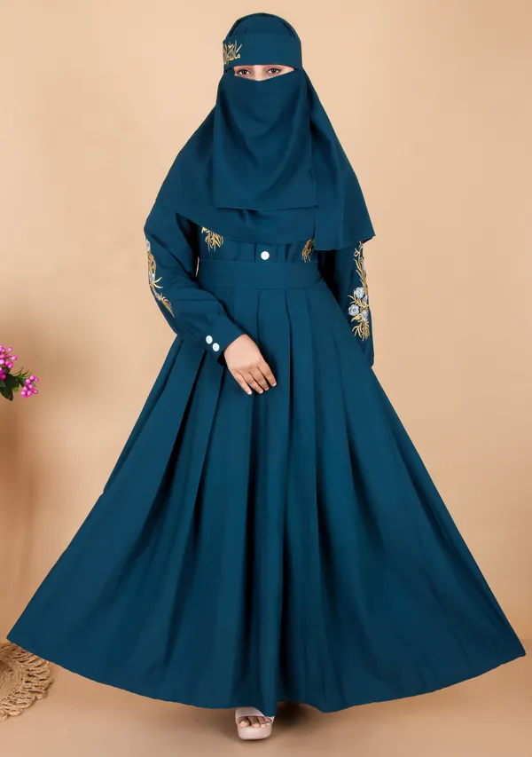 Teal_Morpeach_Embroidered_Plating_Abaya_Full_Set_With_Dupatta_Nosepiece_And_Belt_Free_For_Women