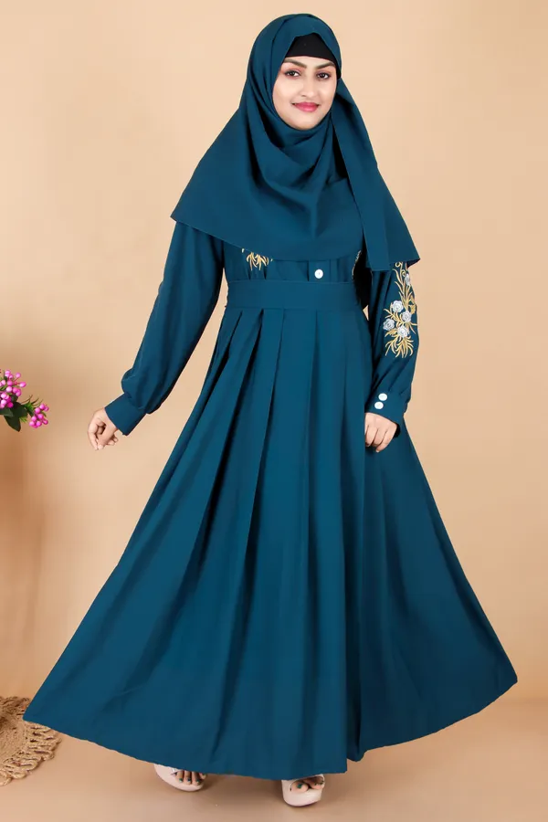 Teal_Morpeach_Embroidered_Plating_Abaya_Full_Set_With_Dupatta_Nosepiece_And_Belt_Free_For_Women