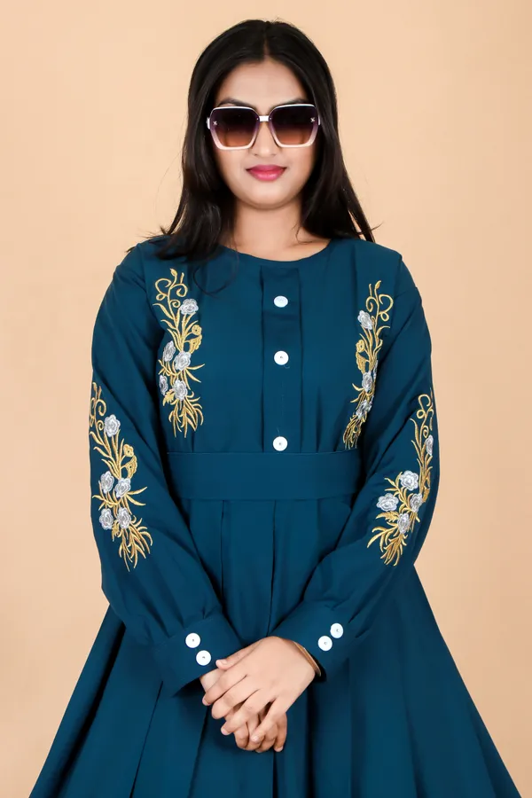 Teal_Morpeach_Embroidered_Plating_Abaya_Full_Set_With_Dupatta_Nosepiece_And_Belt_Free_For_Women