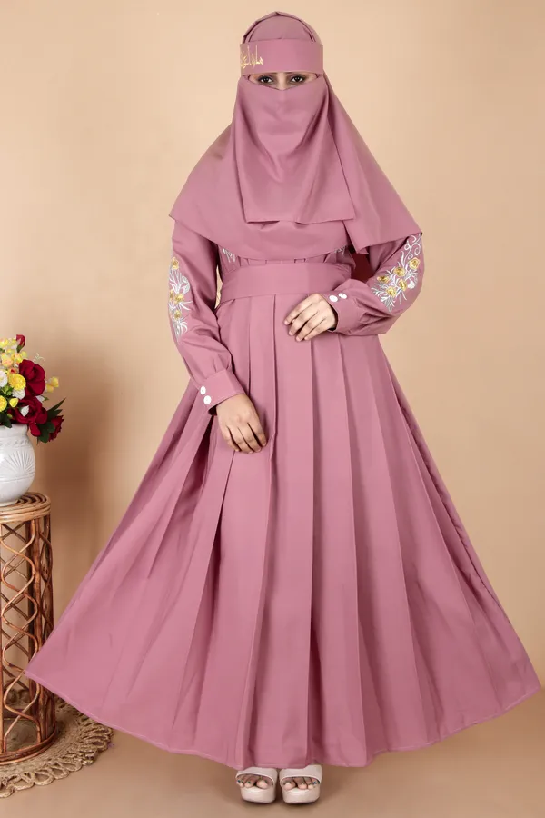 Peach_Dusty_Pink_Embroidered_Plating_Abaya_Full_Set_With_Dupatta_Nosepiece_And_Belt_Free_For_Women