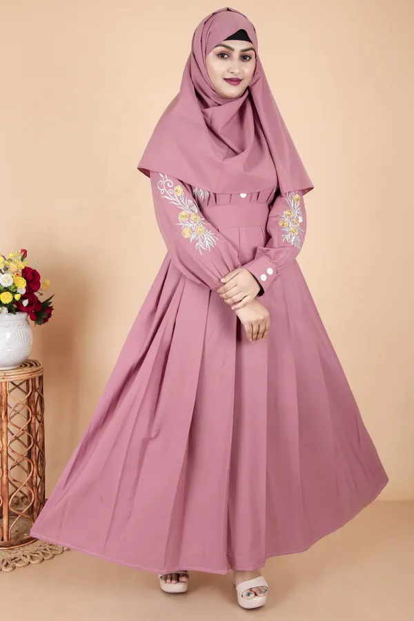 Peach_Dusty_Pink_Embroidered_Plating_Abaya_Full_Set_With_Dupatta_Nosepiece_And_Belt_Free_For_Women