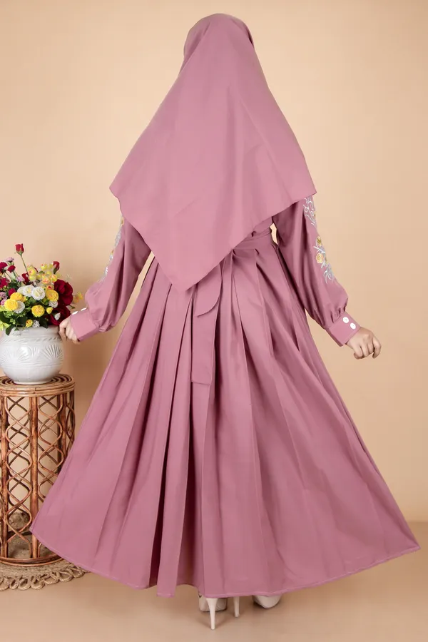 Peach_Dusty_Pink_Embroidered_Plating_Abaya_Full_Set_With_Dupatta_Nosepiece_And_Belt_Free_For_Women