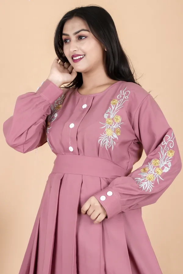 Peach_Dusty_Pink_Embroidered_Plating_Abaya_Full_Set_With_Dupatta_Nosepiece_And_Belt_Free_For_Women