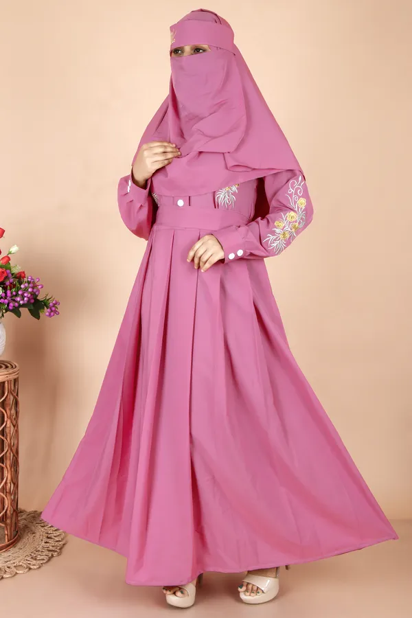 Pink_Onion_Embroidered_Plating_Abaya_Full_Set_With_Dupatta_Nosepiece_And_Belt_Free_For_Women