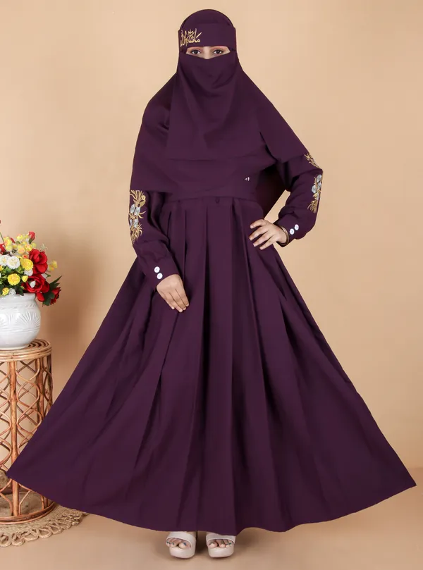 Purple_Embroidery_Plating_Burqua_Full_Set_With_Dupatta_Nosepiece_And_Belt_Free_For_Women