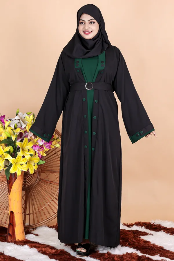 Black_Green_Buttoned_Abaya_Styles_Dress_Full_Set_With_Free_Dupatta_Nosepeice_And_Belt_For_Women