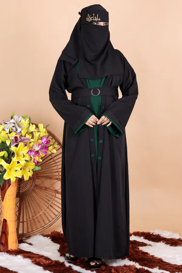 Black_Green_Buttoned_Abaya_Styles_Dress_Full_Set_With_Free_Dupatta_Nosepeice_And_Belt_For_Women