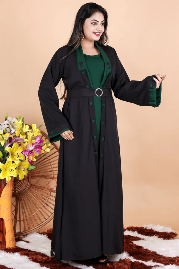 Black_Green_Buttoned_Abaya_Styles_Dress_Full_Set_With_Free_Dupatta_Nosepeice_And_Belt_For_Women