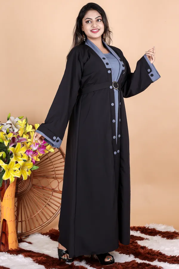 Black_Grey_Buttoned_Abaya_Styles_Dress_Full_Set_With_Free_Dupatta_Nosepeice_And_Belt_For_Women