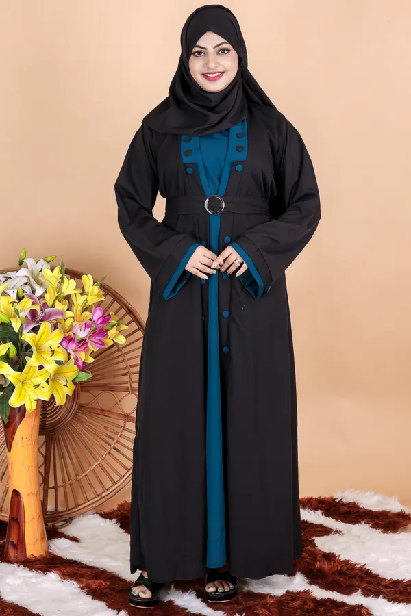 Black_Teal_Morpeach_Buttoned_Abaya_Styles_Dress_Full_Set_With_Free_Dupatta_Nosepeice_And_Belt_For_Women