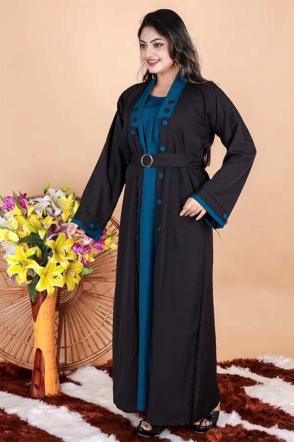 Black_Teal_Morpeach_Buttoned_Abaya_Styles_Dress_Full_Set_With_Free_Dupatta_Nosepeice_And_Belt_For_Women
