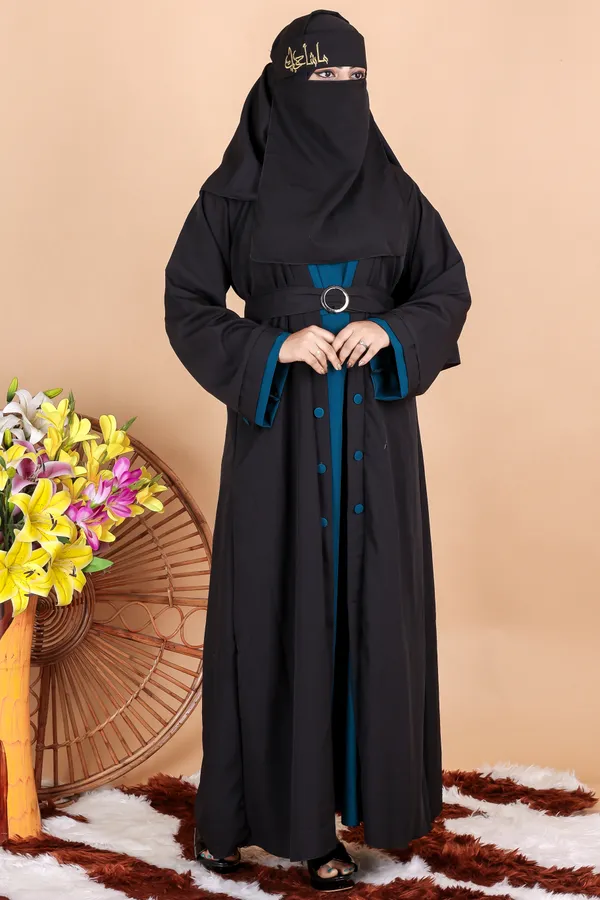 Black_Teal_Morpeach_Buttoned_Abaya_Styles_Dress_Full_Set_With_Free_Dupatta_Nosepeice_And_Belt_For_Women