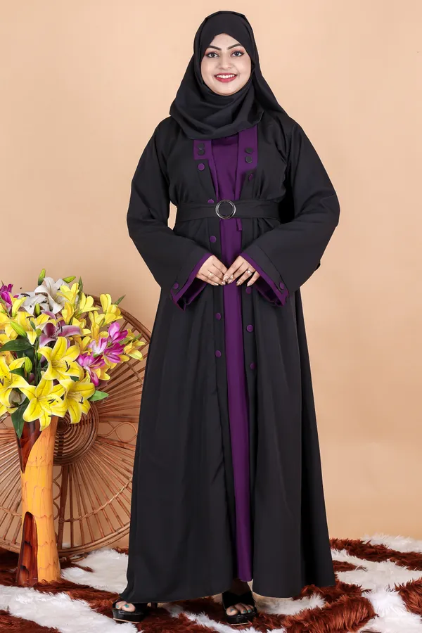 Black_Purple_Buttoned_Abaya_Styles_Dress_Full_Set_With_Free_Dupatta_Nosepeice_And_Belt_For_Women