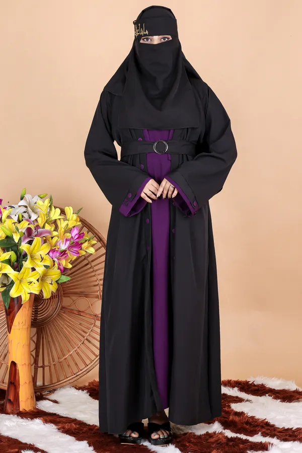 Black_Purple_Buttoned_Abaya_Styles_Dress_Full_Set_With_Free_Dupatta_Nosepeice_And_Belt_For_Women
