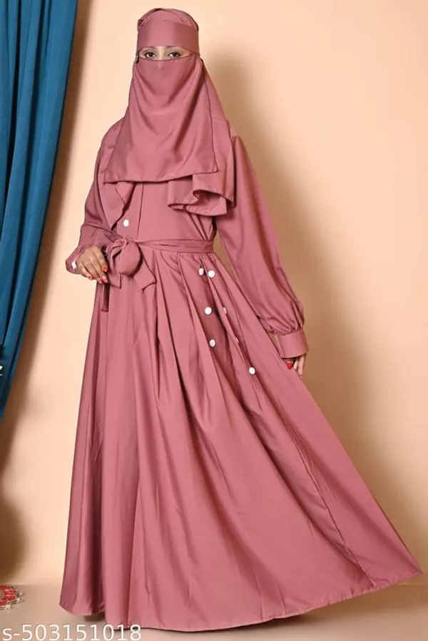 Peach_Colour_Turkish_Style_Plating_Burqua_Abaya_With_Dupatta_Nosepiece_And_Belt_Full_Set_For_Women