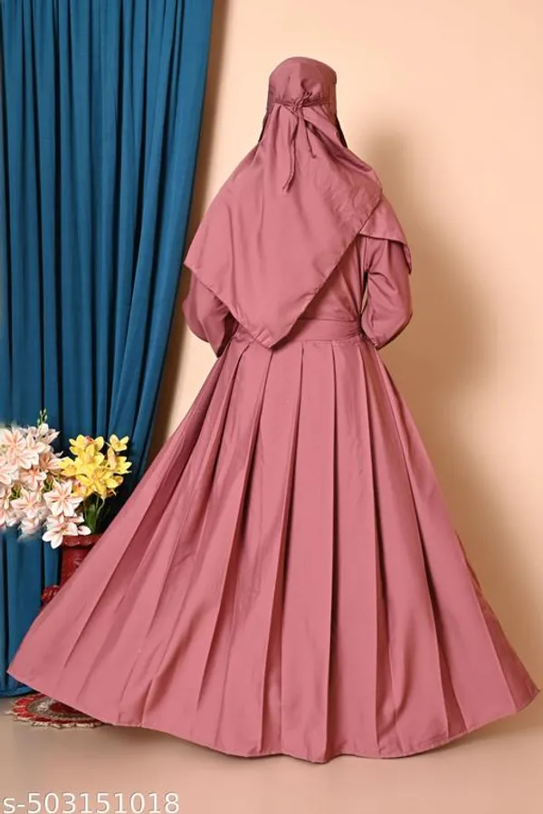 Peach_Colour_Turkish_Style_Plating_Burqua_Abaya_With_Dupatta_Nosepiece_And_Belt_Full_Set_For_Women