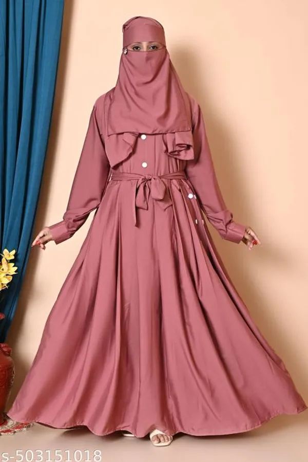 Peach_Colour_Turkish_Style_Plating_Burqua_Abaya_With_Dupatta_Nosepiece_And_Belt_Full_Set_For_Women