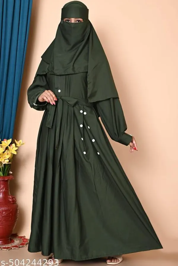 Green_Mahendi_Turkish_Style_Plating_Burqua_Abaya_With_Hijab_Nosepeice_And_Belt_For_Women