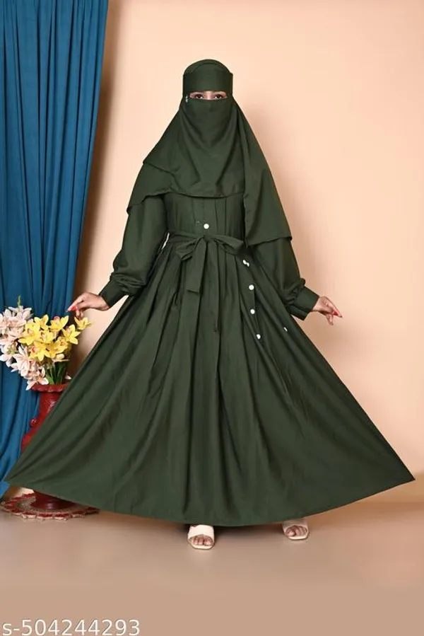 Green_Mahendi_Turkish_Style_Plating_Burqua_Abaya_With_Hijab_Nosepeice_And_Belt_For_Women
