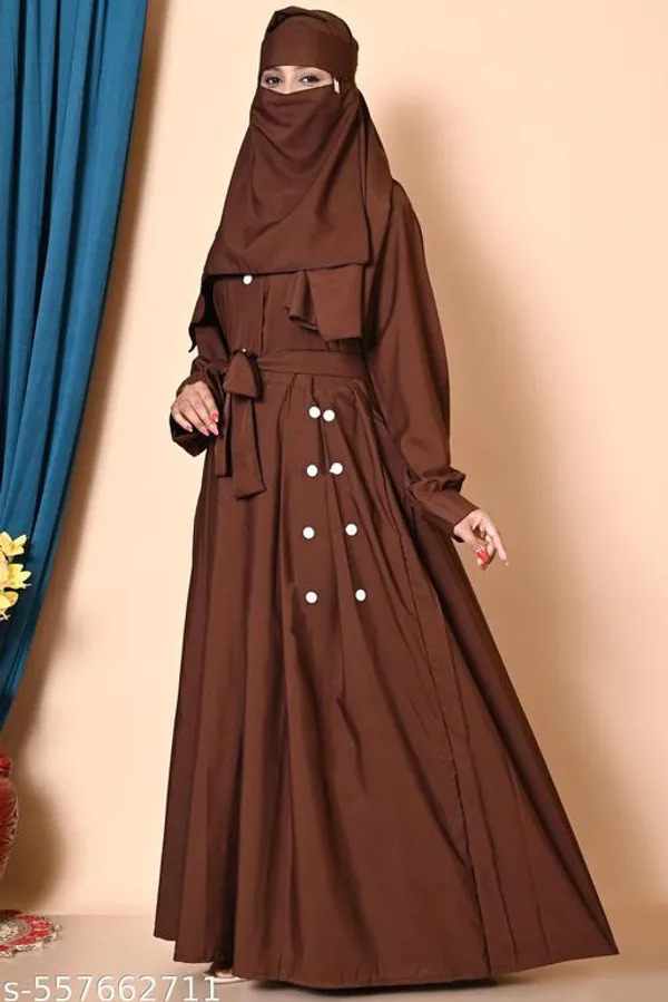 Brown_Dubai_Styles_Burqua_Plating_Abaya_Full_Set_With_Dupatta_Nosepeice_And_Belt_For_Women